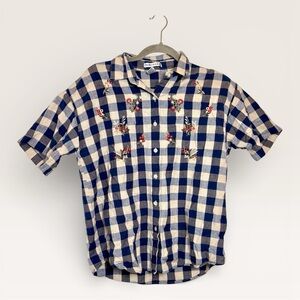 Vintage Maggie & Max Blue Gingham Floral Embroidered Cottagecore Top Large